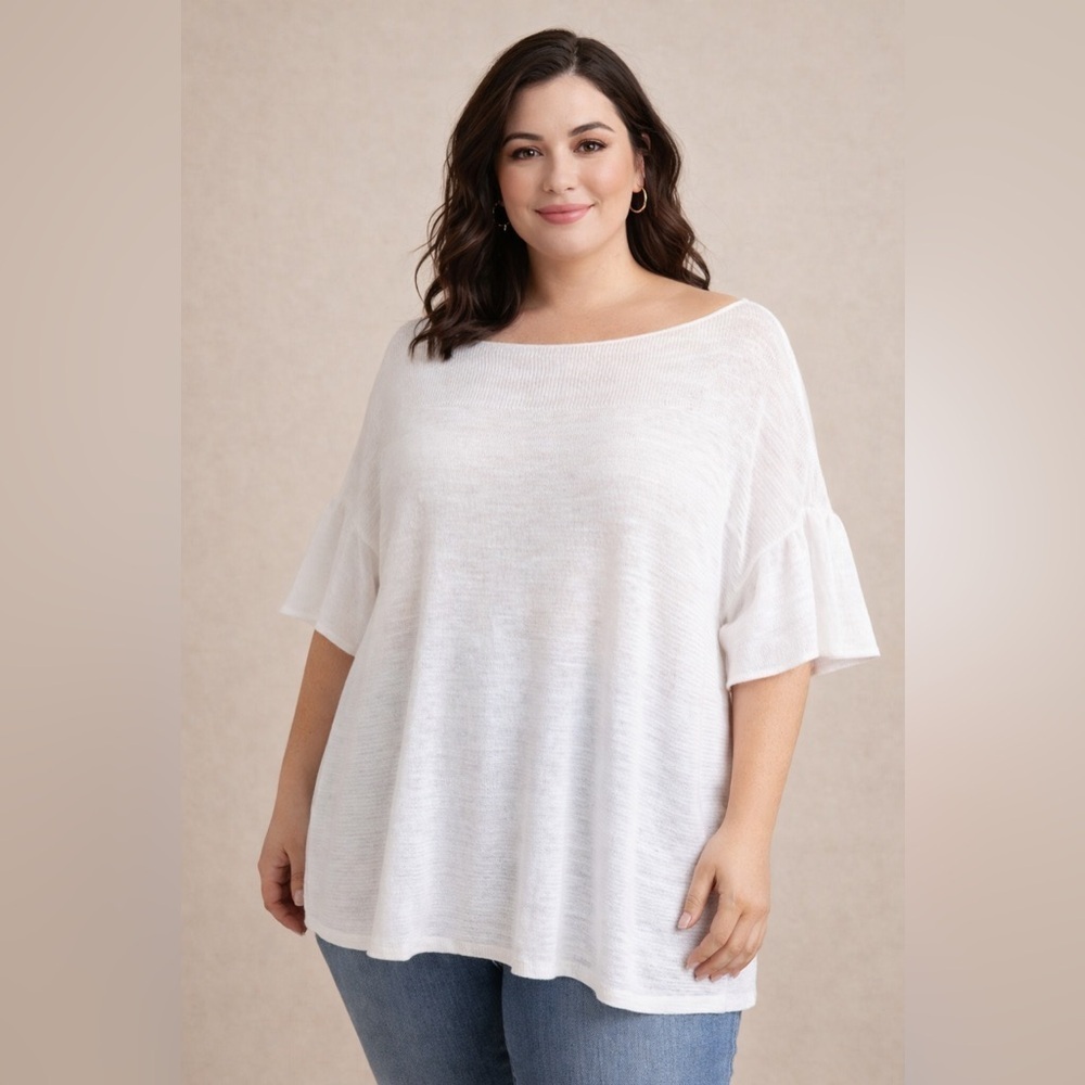 Ann Taylor LOFT Womens Knit Top Sz 20 22 White Thin Knit Ruffle Sleeve Boat Neck